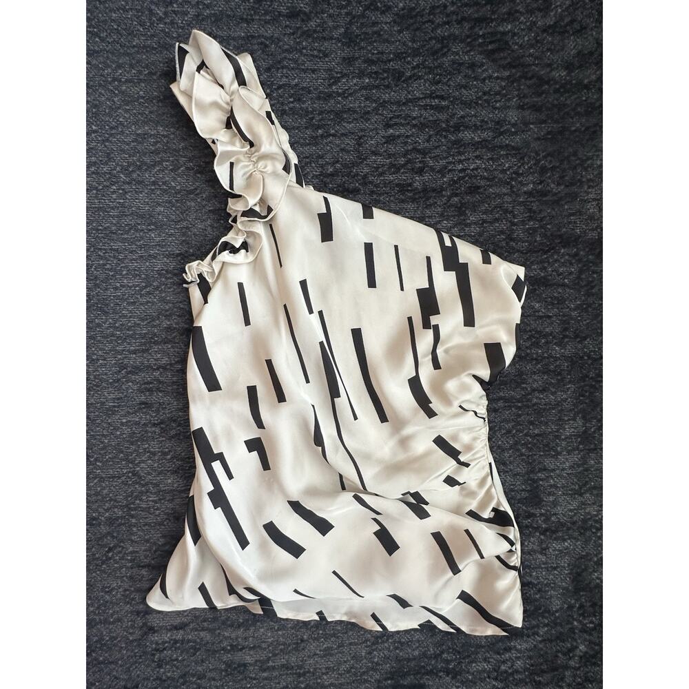 The Limited One Shoulder Ruffle Satin Top XS Ivory Black Abstract Print Blouse